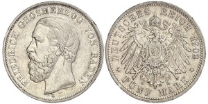 5 Mark Grand Duchy of Baden (1806-1918) Silver Frederick I, Grand Duke of Baden (1826 - 1907)