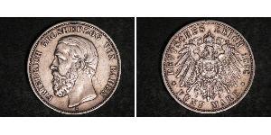 5 Mark Grand Duchy of Baden (1806-1918) Silver Frederick I, Grand Duke of Baden (1826 - 1907)