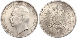 5 Mark Grand Duchy of Baden (1806-1918) Silver Frederick II, Grand Duke of Baden (1857 - 1928)