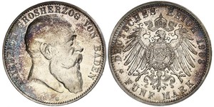 5 Mark Grand Duchy of Baden (1806-1918) Silver Frederick I, Grand Duke of Baden (1826 - 1907)