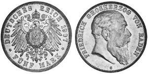 5 Mark Grand Duchy of Baden (1806-1918) Silver Frederick I, Grand Duke of Baden (1826 - 1907)