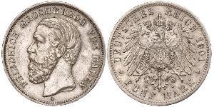 5 Mark Grand Duchy of Baden (1806-1918) Silver Frederick I, Grand Duke of Baden (1826 - 1907)