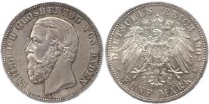 5 Mark Grand Duchy of Baden (1806-1918) Silver Frederick I, Grand Duke of Baden (1826 - 1907)