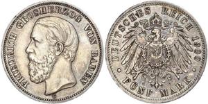 5 Mark Grand Duchy of Baden (1806-1918) Silver Frederick I, Grand Duke of Baden (1826 - 1907)