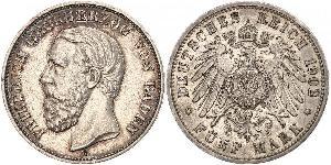 5 Mark Grand Duchy of Baden (1806-1918) Silver Frederick I, Grand Duke of Baden (1826 - 1907)