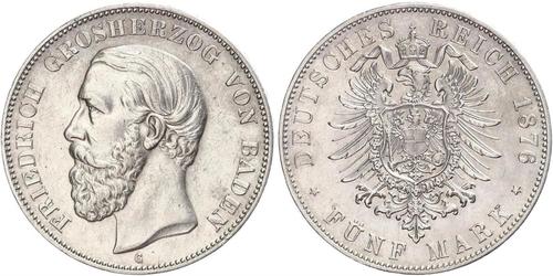 5 Mark Grand Duchy of Baden (1806-1918) Silver Frederick I, Grand Duke of Baden (1826 - 1907)