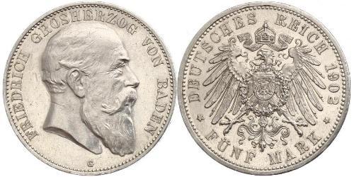 5 Mark Grand Duchy of Baden (1806-1918) Silver Frederick I, Grand Duke of Baden (1826 - 1907)