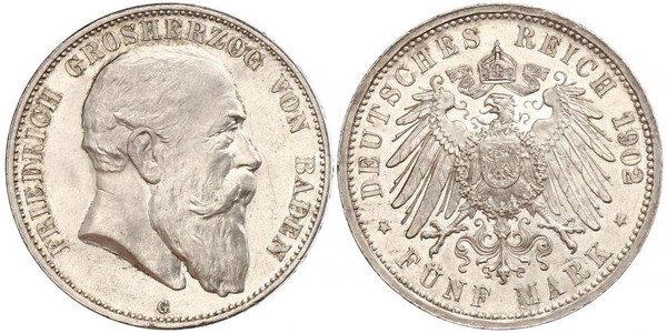 5 Mark Grand Duchy of Baden (1806-1918) Silver Frederick I, Grand Duke of Baden (1826 - 1907)