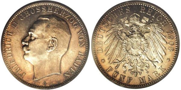 5 Mark Grand Duchy of Baden (1806-1918) Silver Frederick II, Grand Duke of Baden (1857 - 1928)