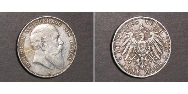5 Mark Grand Duchy of Baden (1806-1918) Silver Frederick I, Grand Duke of Baden (1826 - 1907)