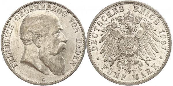 5 Mark Grand Duchy of Baden (1806-1918) Silver Frederick I, Grand Duke of Baden (1826 - 1907)