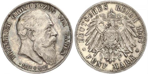 5 Mark Grand Duchy of Baden (1806-1918) Silver Frederick I, Grand Duke of Baden (1826 - 1907)