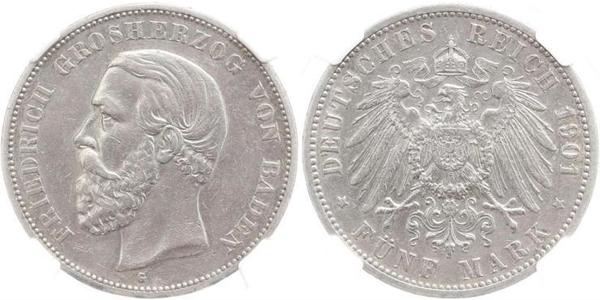 5 Mark Grand Duchy of Baden (1806-1918) Silver Frederick I, Grand Duke of Baden (1826 - 1907)