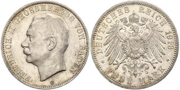 5 Mark Grand Duchy of Baden (1806-1918) Silver Frederick II, Grand Duke of Baden (1857 - 1928)