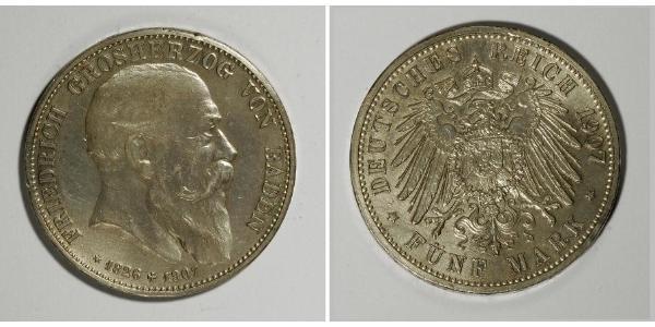 5 Mark Grand Duchy of Baden (1806-1918) Silver Frederick I, Grand Duke of Baden (1826 - 1907)