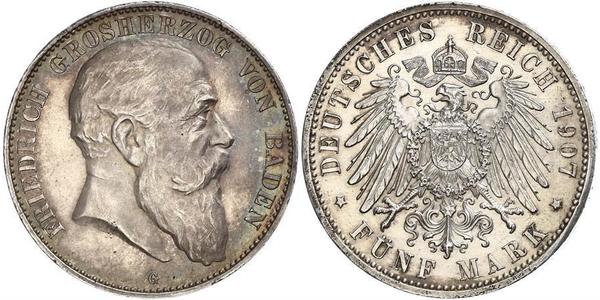 5 Mark Grand Duchy of Baden (1806-1918) Silver Frederick I, Grand Duke of Baden (1826 - 1907)