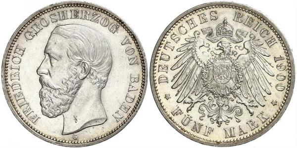 5 Mark Grand Duchy of Baden (1806-1918) Silver Frederick I, Grand Duke of Baden (1826 - 1907)