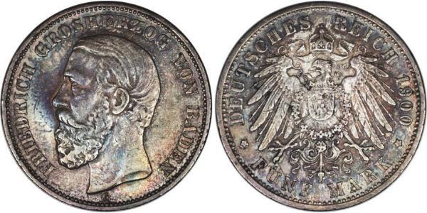 5 Mark Grand Duchy of Baden (1806-1918) Silver Frederick I, Grand Duke of Baden (1826 - 1907)