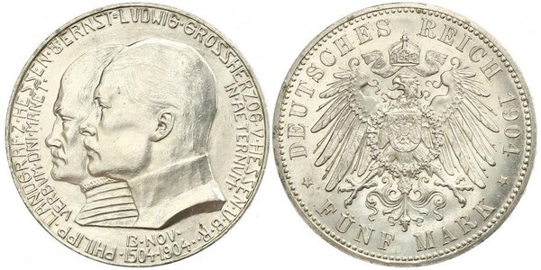 5 Mark Grand Duchy of Hesse (1806 - 1918) Silver Ernest Louis, Grand Duke of Hesse (1868 - 1937)