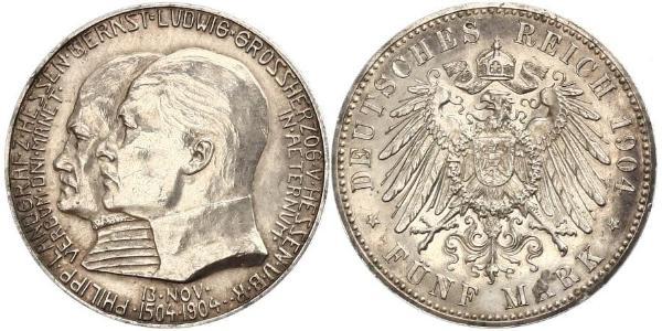 5 Mark Grand Duchy of Hesse (1806 - 1918) Silver Ernest Louis, Grand Duke of Hesse (1868 - 1937)