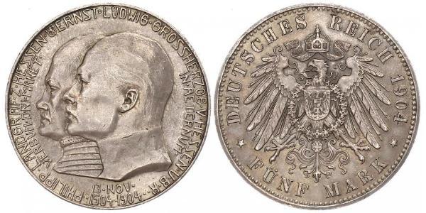 5 Mark Grand Duchy of Hesse (1806 - 1918) Silver Ernest Louis, Grand Duke of Hesse (1868 - 1937)