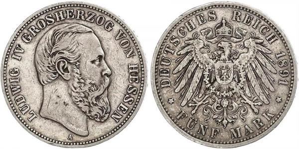 5 Mark Grand Duchy of Hesse (1806 - 1918) Silver Louis IV, Grand Duke of Hesse