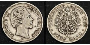 5 Mark Kingdom of Bavaria (1806 - 1918) Silver Ludwig II of Bavaria (1845 – 1886)