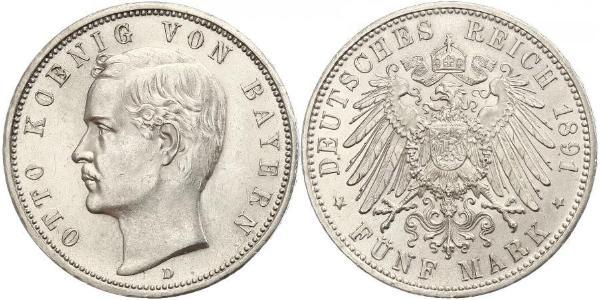 5 Mark Kingdom of Bavaria (1806 - 1918) Silver Otto of Bavaria (1848 – 1916)