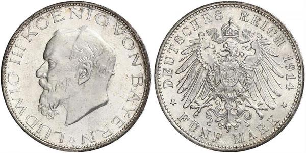 5 Mark Kingdom of Bavaria (1806 - 1918) Silver Ludwig III of Bavaria (1845 – 1921)