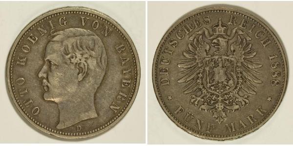 5 Mark Kingdom of Bavaria (1806 - 1918) Silver Otto of Bavaria (1848 – 1916)