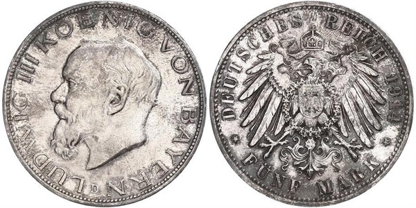 5 Mark Kingdom of Bavaria (1806 - 1918) Silver Ludwig III of Bavaria (1845 – 1921)