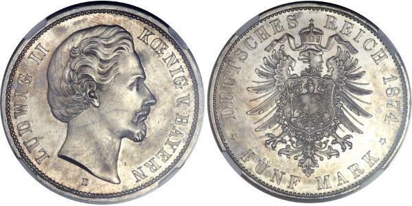 5 Mark Kingdom of Bavaria (1806 - 1918) Silver Ludwig II of Bavaria (1845 – 1886)