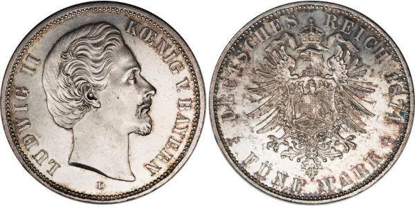 5 Mark Kingdom of Bavaria (1806 - 1918) Silver Ludwig II of Bavaria (1845 – 1886)