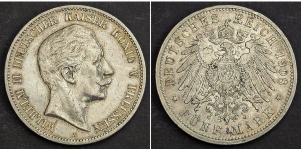 5 Mark Kingdom of Prussia (1701-1918) Silver Wilhelm II, German Emperor (1859-1941)