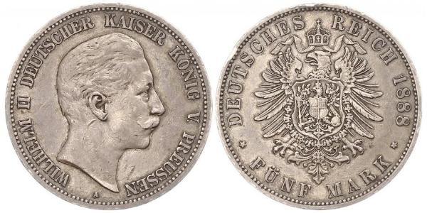 5 Mark Kingdom of Prussia (1701-1918) Silver Wilhelm II, German Emperor (1859-1941)