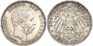 5 Mark Kingdom of Saxony (1806 - 1918) Silver Albert of Saxony