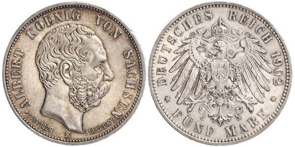 5 Mark Kingdom of Saxony (1806 - 1918) Silver Albert of Saxony