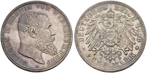 5 Mark Kingdom of Württemberg (1806-1918) Silver Wilhelm II, German Emperor (1859-1941)