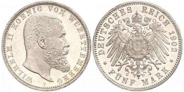 5 Mark Kingdom of Württemberg (1806-1918) Silver Wilhelm II, German Emperor (1859-1941)