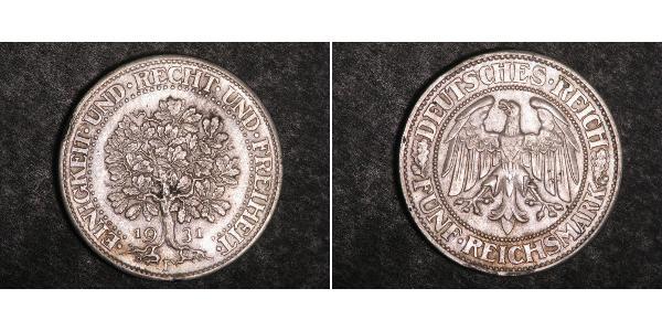 5 Mark Weimar Republic (1918-1933) / Germany Silver 