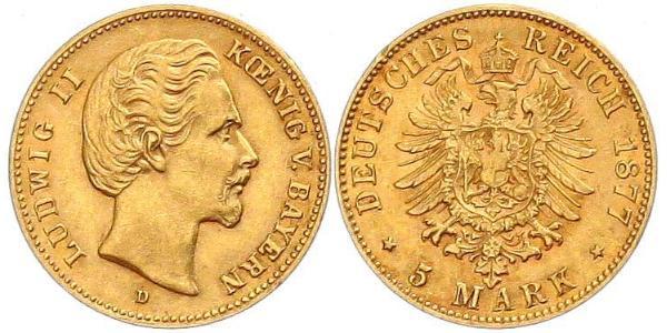 5 Mark 巴伐利亞王國 (1806 - 1918) 金 路德维希二世 (巴伐利亚)