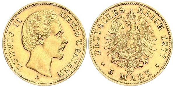 5 Mark 巴伐利亞王國 (1806 - 1918) 金 路德维希二世 (巴伐利亚)