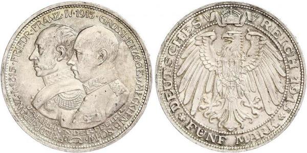 5 Mark Duchy of Mecklenburg-Schwerin (1352-1918) 銀 Frederick Francis IV, Grand Duke of Mecklenburg (1882 - 1945)