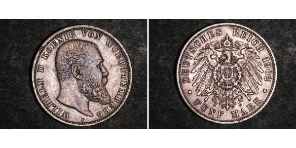 5 Mark Kingdom of Württemberg (1806-1918) 銀 威廉二世 (德国)