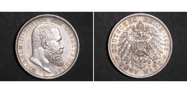 5 Mark Kingdom of Württemberg (1806-1918) 銀 威廉二世 (德国)