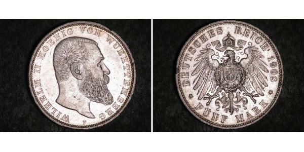 5 Mark Kingdom of Württemberg (1806-1918) 銀 威廉二世 (德国)