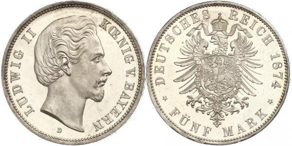 5 Mark 巴伐利亞王國 (1806 - 1918) 銀 路德维希二世 (巴伐利亚)