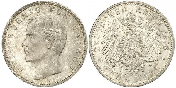 5 Mark 巴伐利亞王國 (1806 - 1918) 銀 奥托 (巴伐利亚国王)