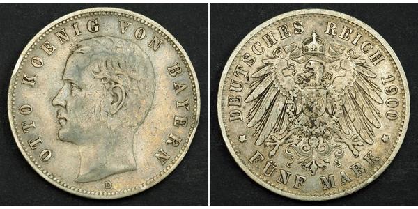 5 Mark 巴伐利亞王國 (1806 - 1918) 銀 奥托 (巴伐利亚国王)