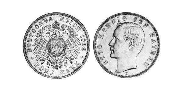 5 Mark 巴伐利亞王國 (1806 - 1918) 銀 奥托 (巴伐利亚国王)